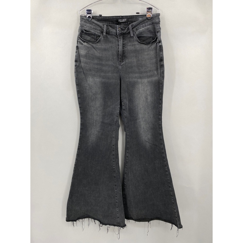 Judy Blue Super Flare Jeans Women 14W Faded Black Raw Hem Stretch Boho Grunge